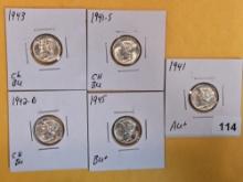 Five Brilliant silver Mercury Dimes