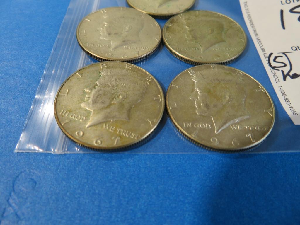 FIVE 1967 Kennedy Half Dollars