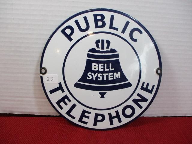 Bell Public Telephones Porcelain Enameled Convex Advertising Sign