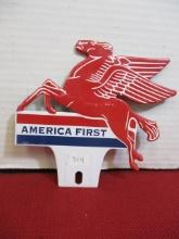 Mobil Oil America First Die Cut Tin License Plate Topper-A