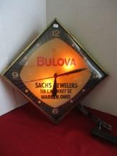 *SPECIAL ITEM-Bulova "Sach's Jewelers" Glass Faced, Metal Can, Lightup, Advertising Clock