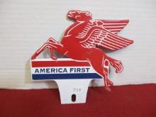 Mobil Oil America First Tin License Plate Topper-A