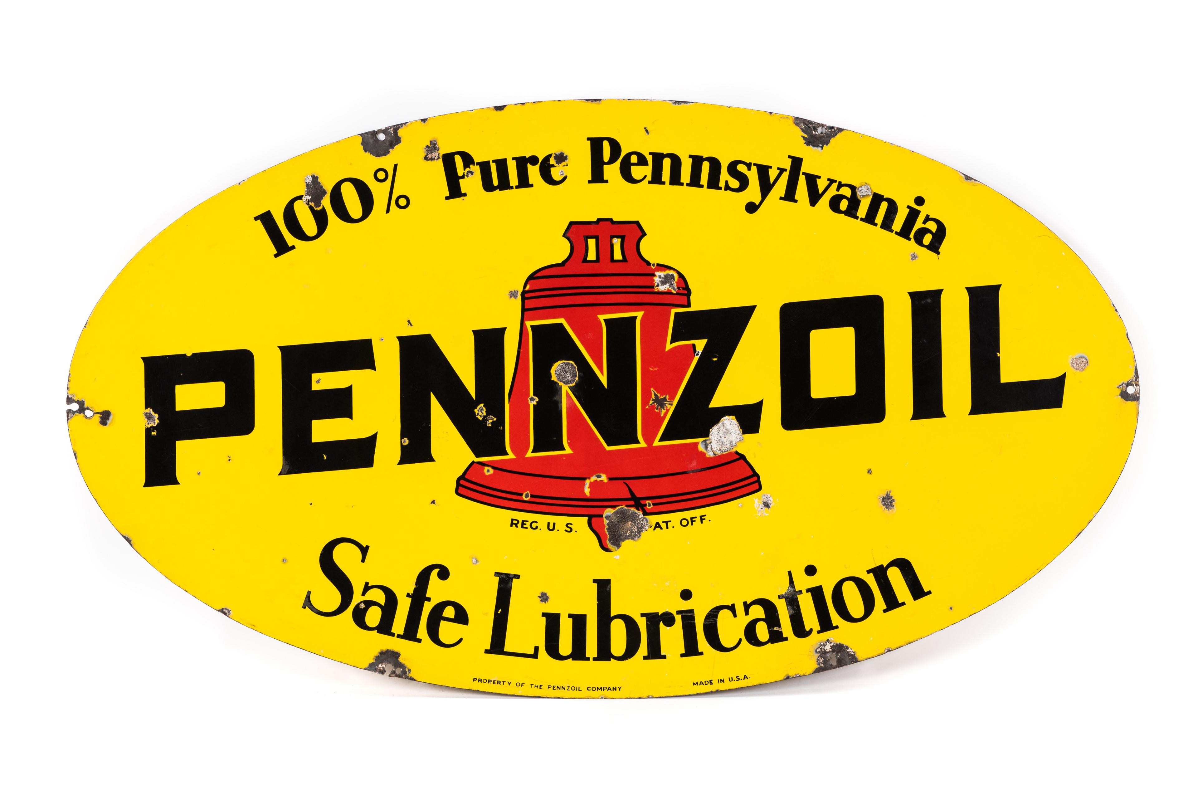 Large Pennzoil Safe Lubrication Porcelain Sign