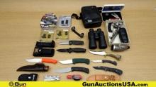 Leupold, Swift, Nebo, Etc. Accessories . Very Good. Lot of 18; 4- Fixed Blade Knives, 2 with Sheaths