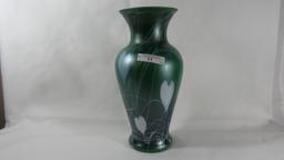 Imperial Free- Hand vase 10" vase w/ white hanging heart decoration on gree
