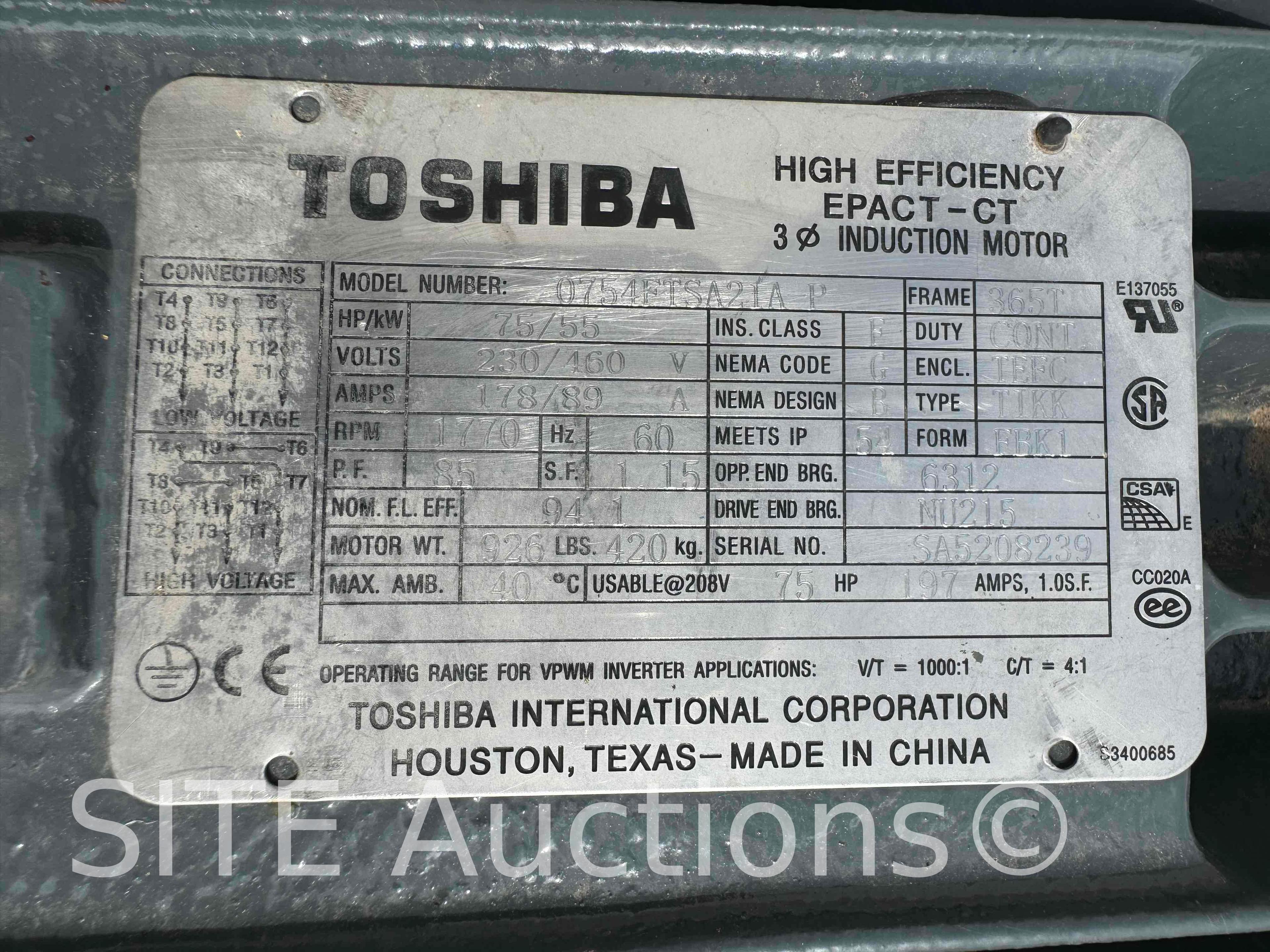 Toshiba 75HP Electric Motor - refurbished