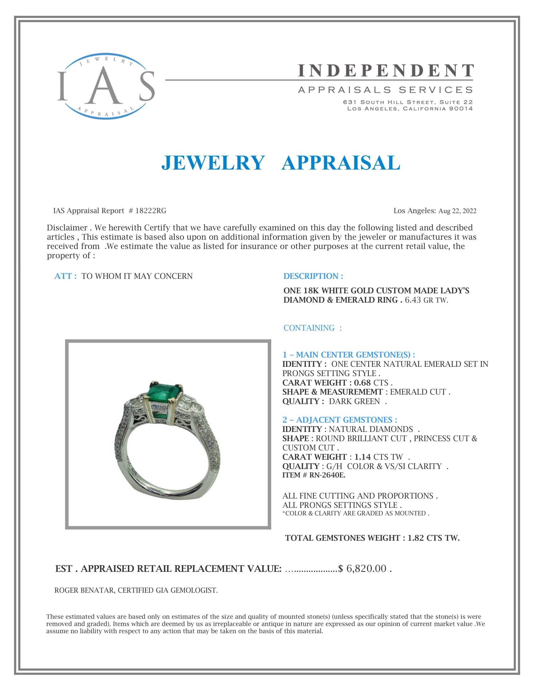 18K White Gold Setting with 0.68ct Emerald and 1.14ct Diamond Ring
