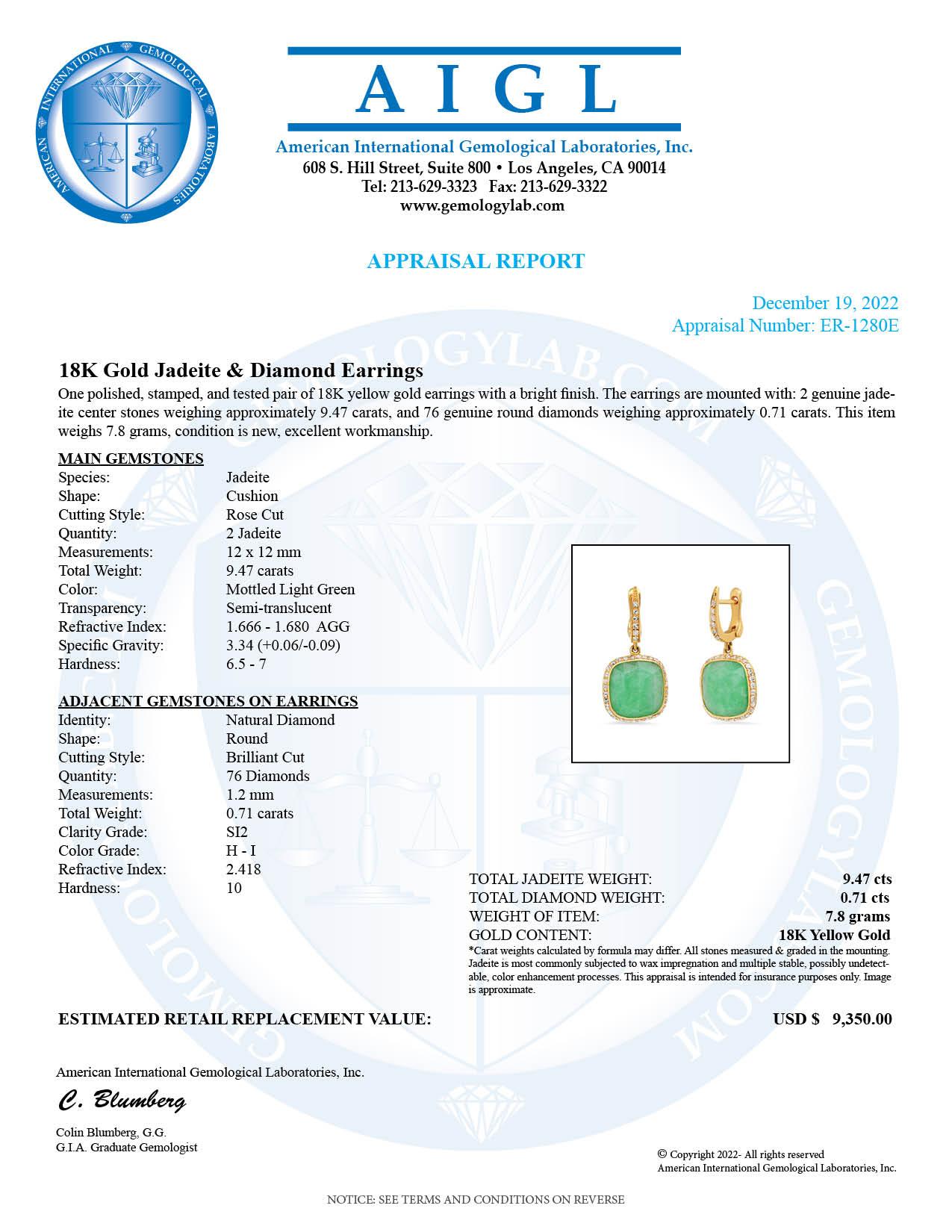 18K Yellow Gold Setting with 9.47ct Jadeite and 0.71ct Diamond Earrings