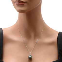 18K White Gold Setting with 15mm Tahitian Pearl and 0.27ct Diamond Pendant