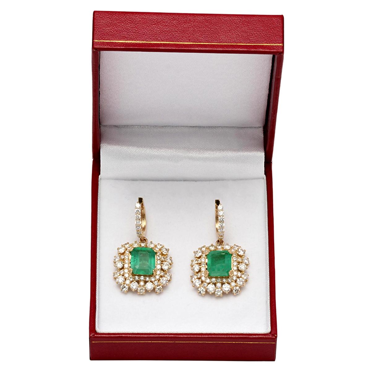 14k Yellow Gold 6.32ct Emerald 5.89ct Diamond Earrings