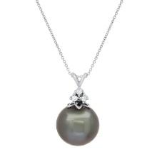 14K White Gold Setting with One 15mm Tahitian Pearl and 0.10ct Diamond Pendant