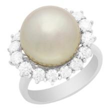 14k White Gold 13mm Pearl 1.43ct Diamond Ring