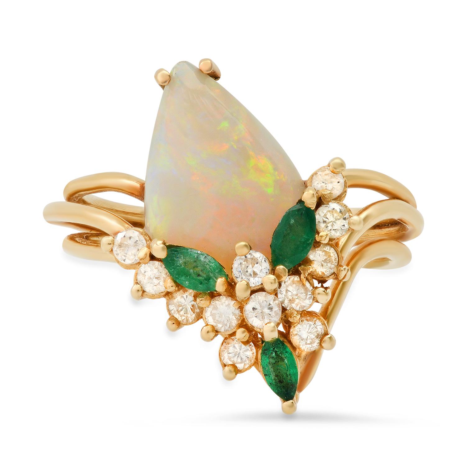 14K Yellow Gold Setting with 2.00ct Opal, 0.15ct Emerald and 0.25ct Diamond Ladies Ring