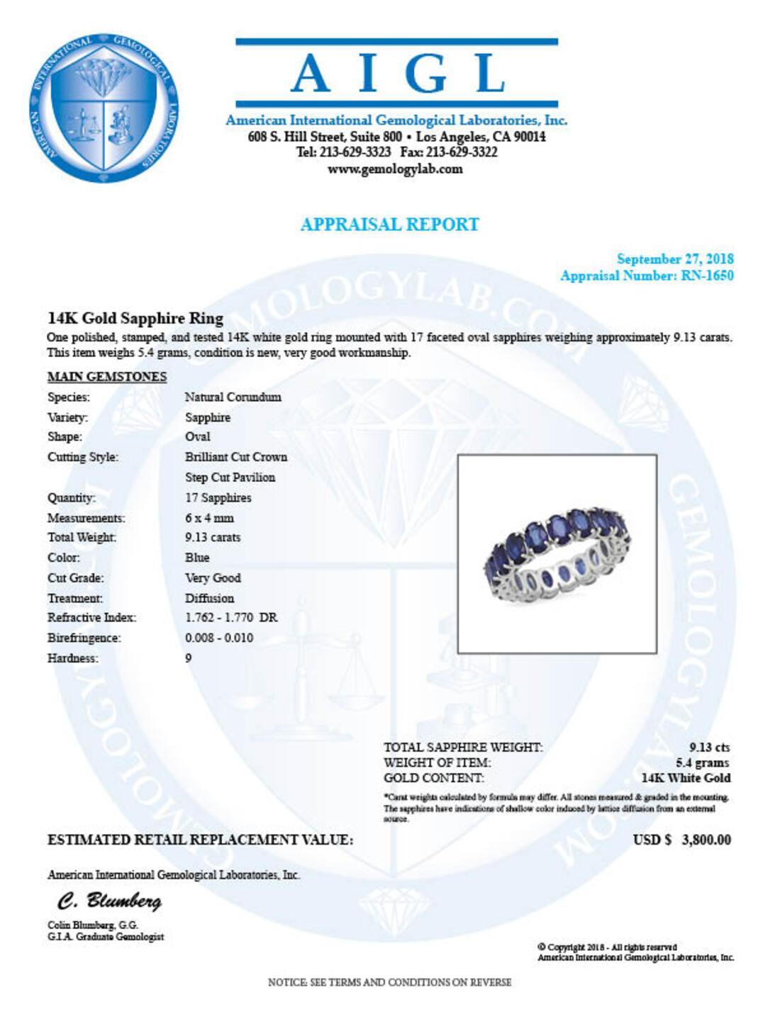 14K White Gold 9.13ct Sapphire Eternity Band Ring