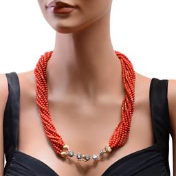 Twelve Strand 4mm Coral Beaded Necklace with 14K Gold Clasp