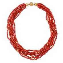 Eight Strand 4mm Coral Beaded Necklace with 14K Gold Clasp