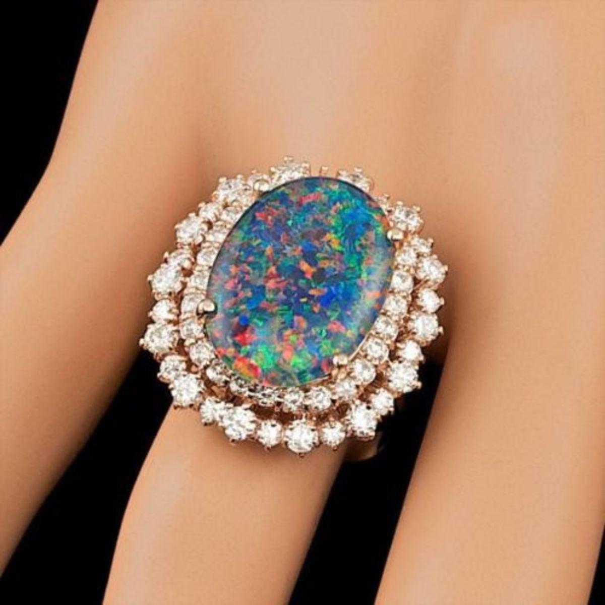 14K Rose Gold 6.07ct Opal and 1.98ct Diamond Ring