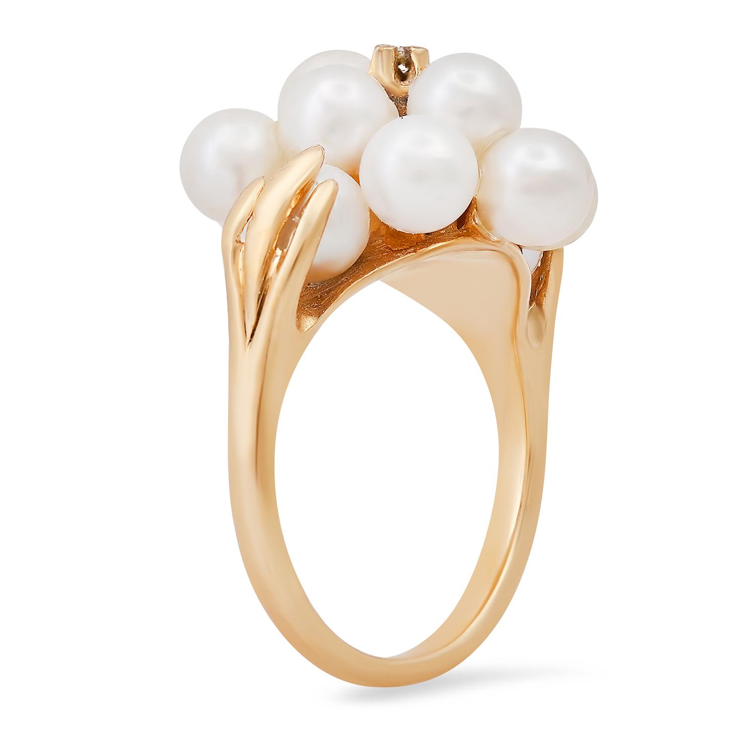 14K Yellow Gold Setting with 12 Round White Pearls and 0.03ct Diamond Ladies Ring