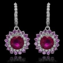 14K Gold 6.17ct Ruby, 4.80ct Pink Sapphire, 1.54ct Diamond Earrings