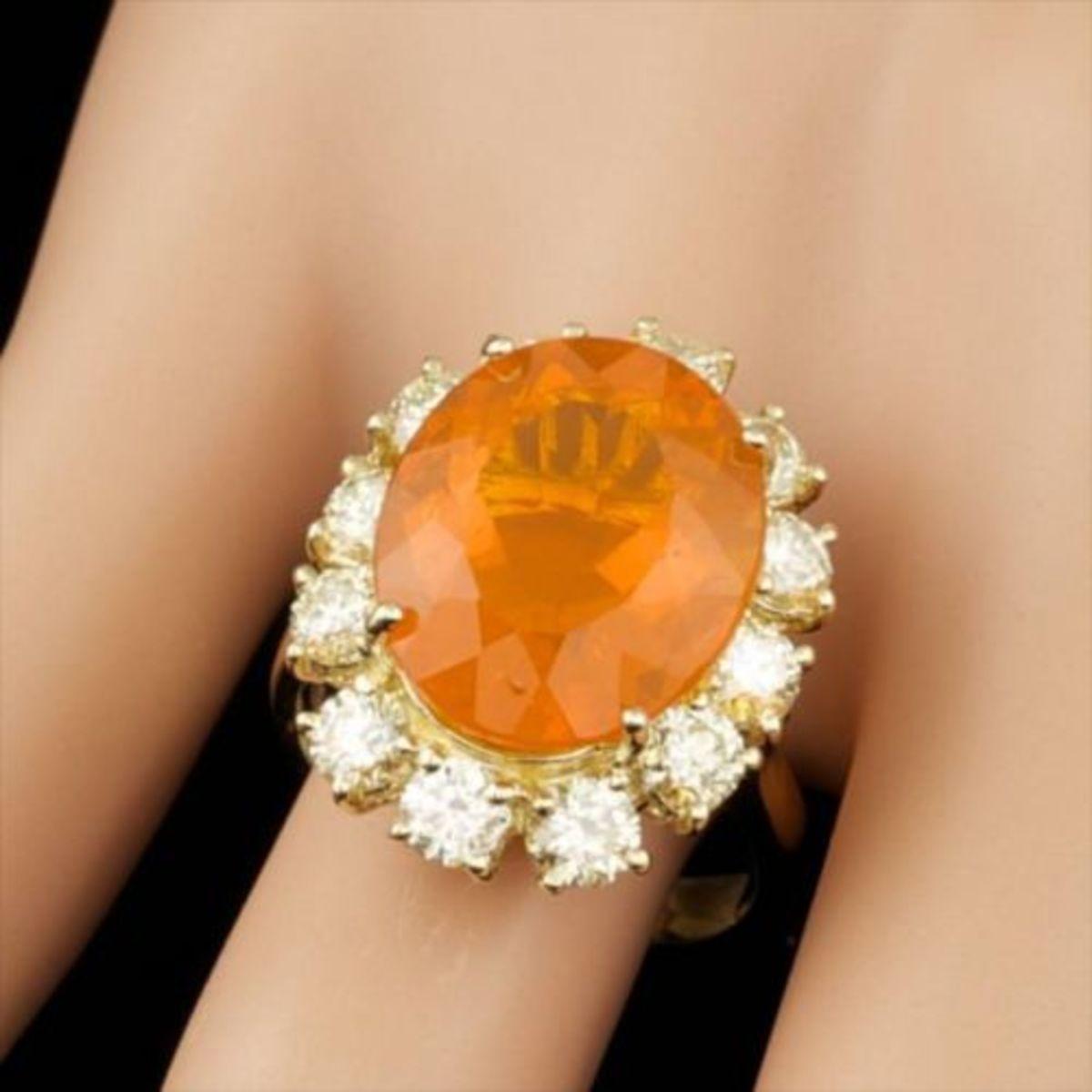 14K Yellow Gold 7.91ct Fire Opal and 2.41ct Diamond Ring