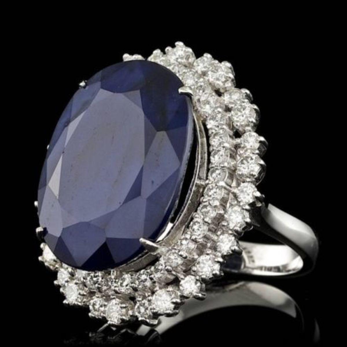 14K White Gold 26.75ct Sapphire and 2.01ct Diamond Ring