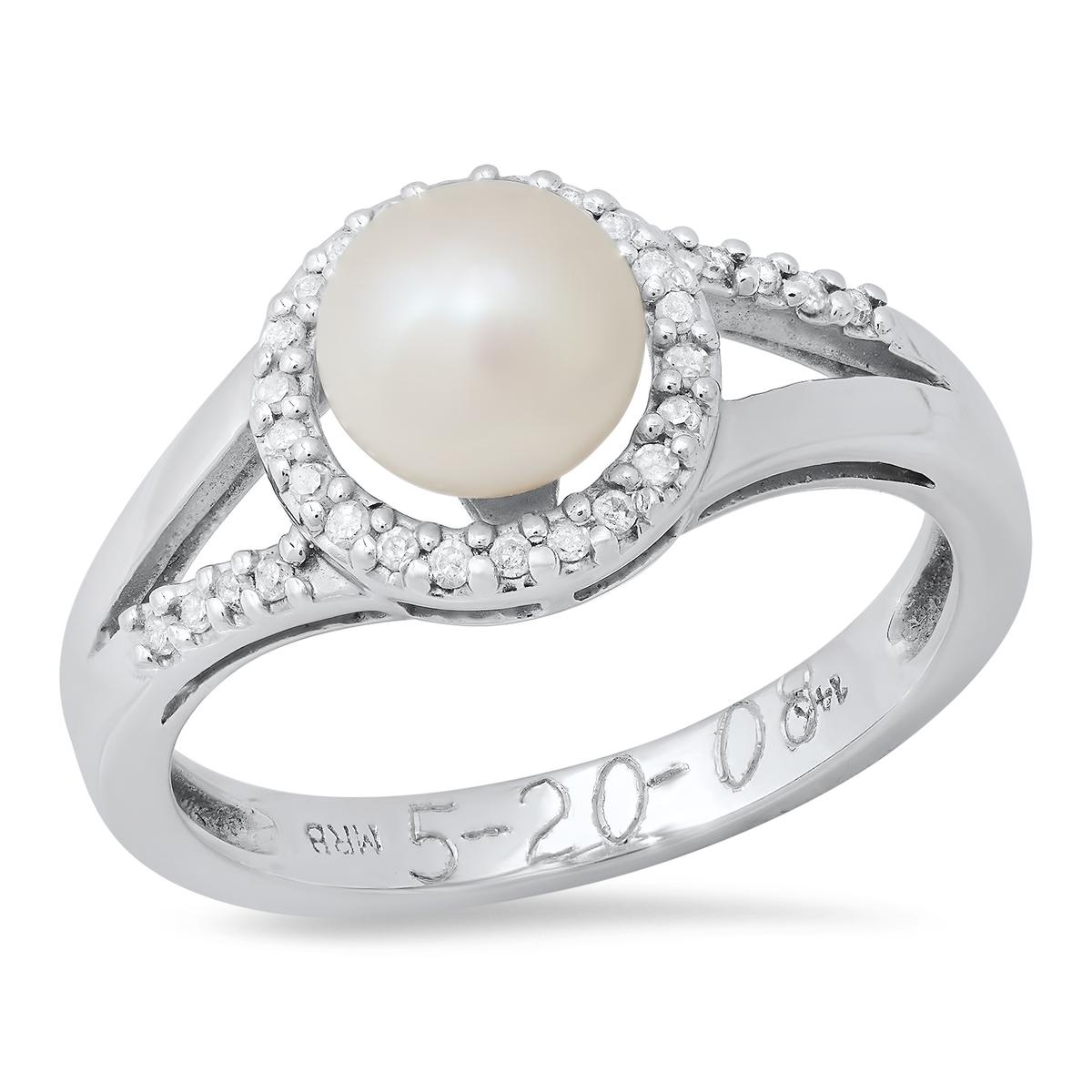 14K White Gold Setting with one 7mm Cultured Pearl and 0.15ct Diamond Ladies Ring