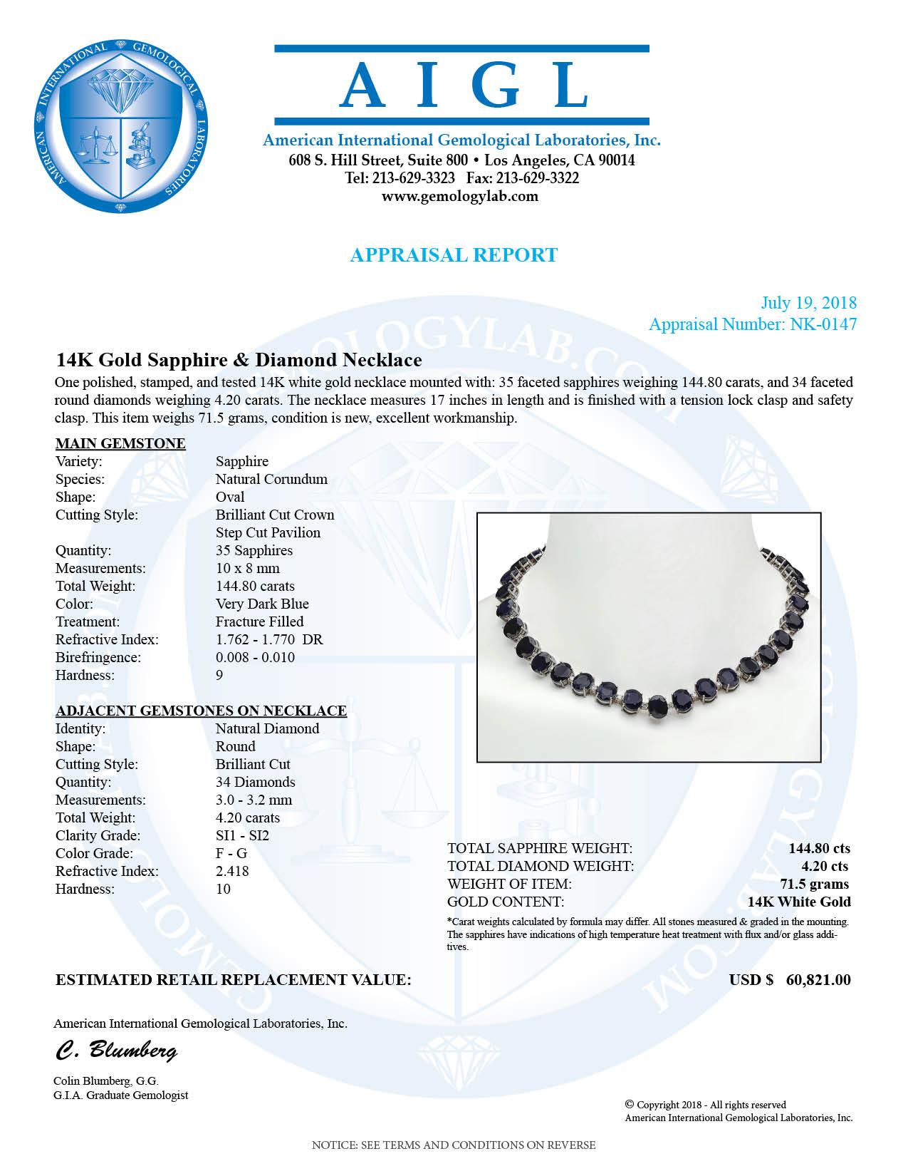 14K Gold 144.80ct Sapphire 4.20ct Diamond Necklace