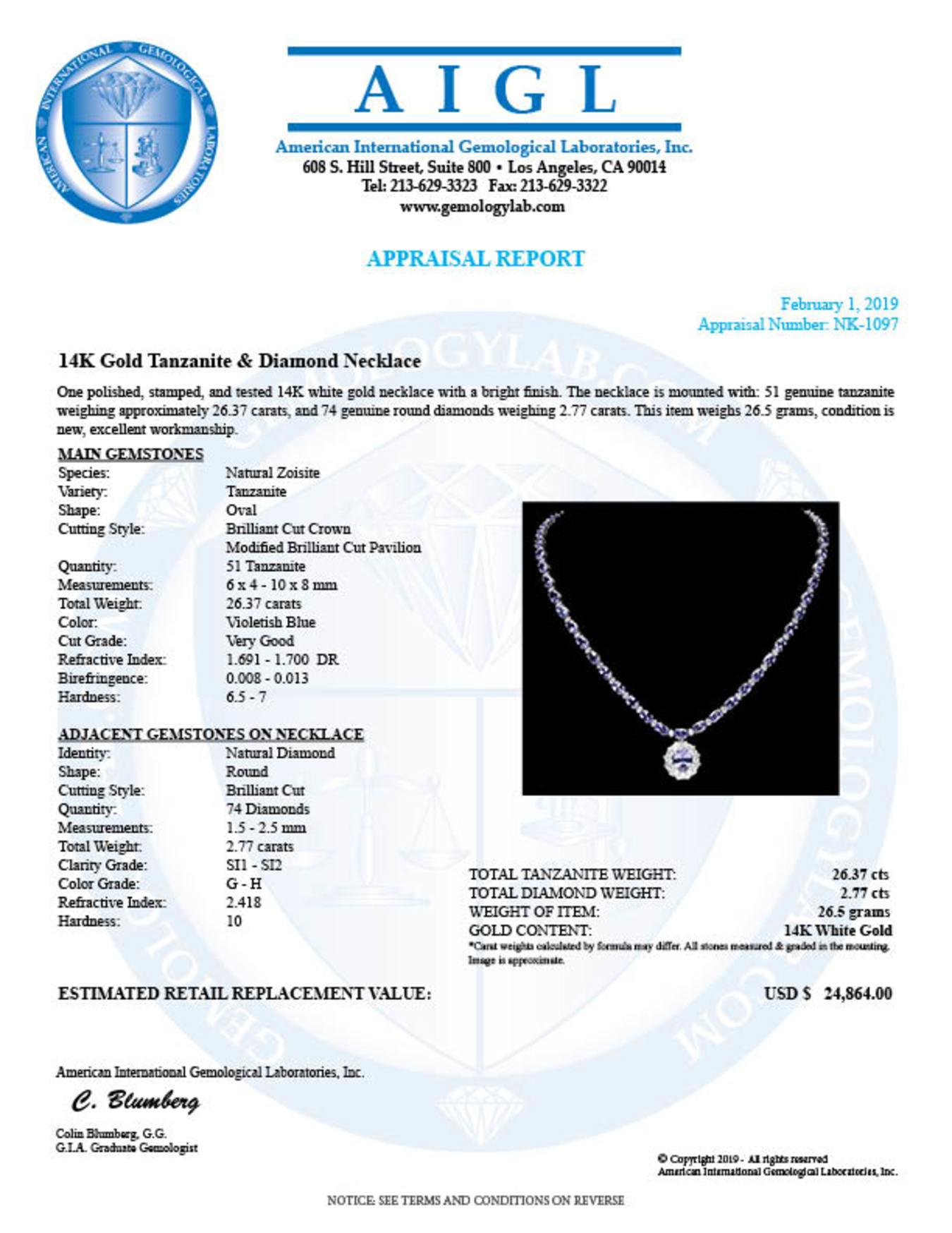 14K White Gold 26.37ct Tanzanite and 2.77ct Diamond Necklace