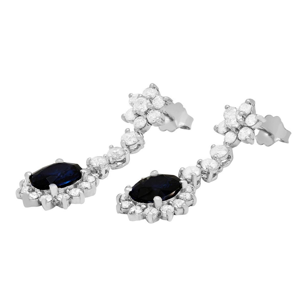 14k White Gold 3.34ct Sapphire 2.63ct Diamond Earrings