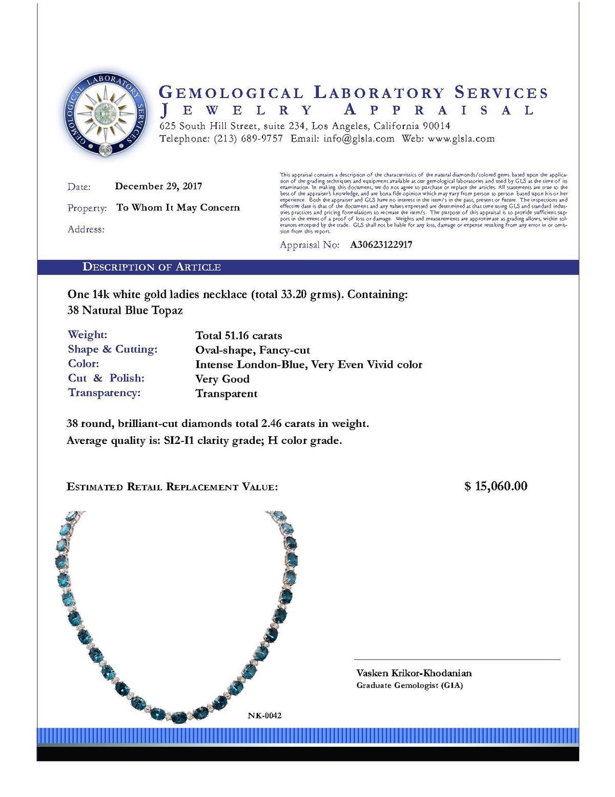 14k White Gold 51.16ct Blue Topaz 2.46ct Diamond Necklace