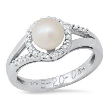 14K White Gold Setting with one 7mm Cultured Pearl and 0.15ct Diamond Ladies Ring