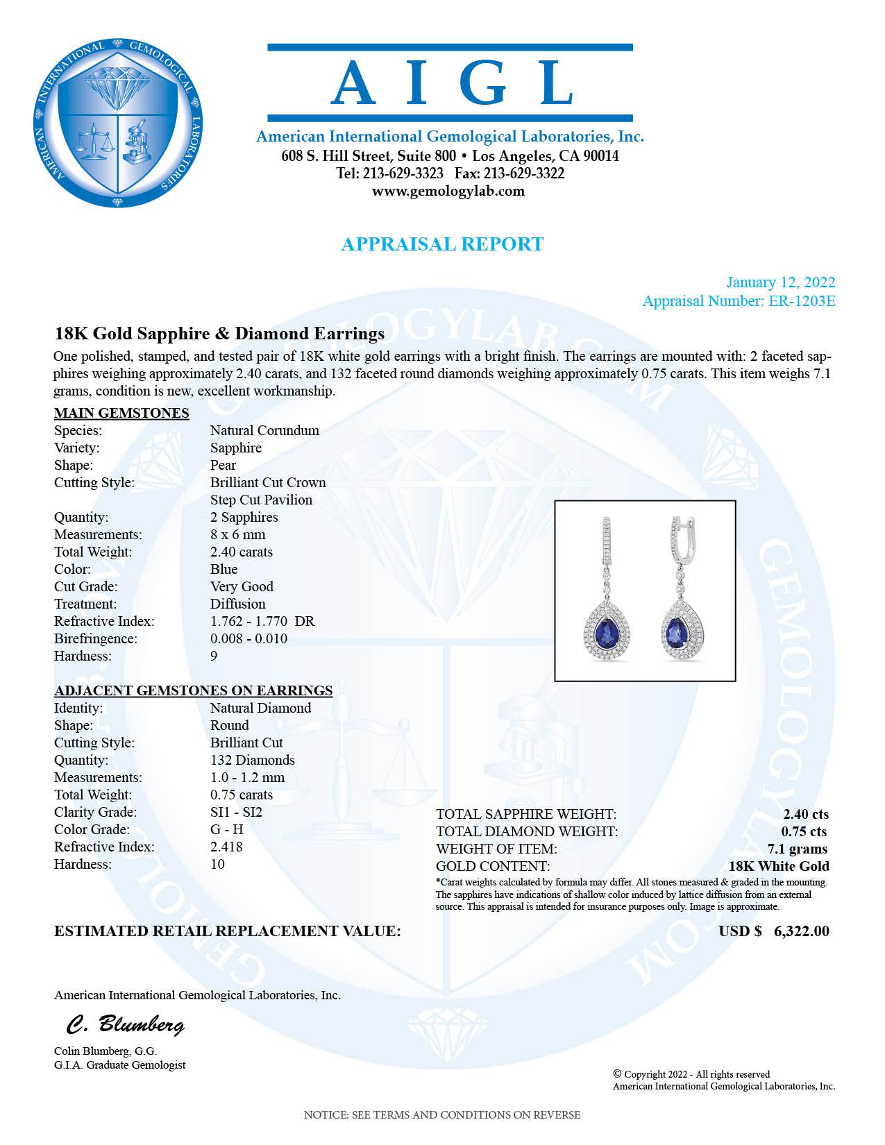 18K White Gold Setting with 2.40ct Sapphire and 0.75ct Diamond Earrings