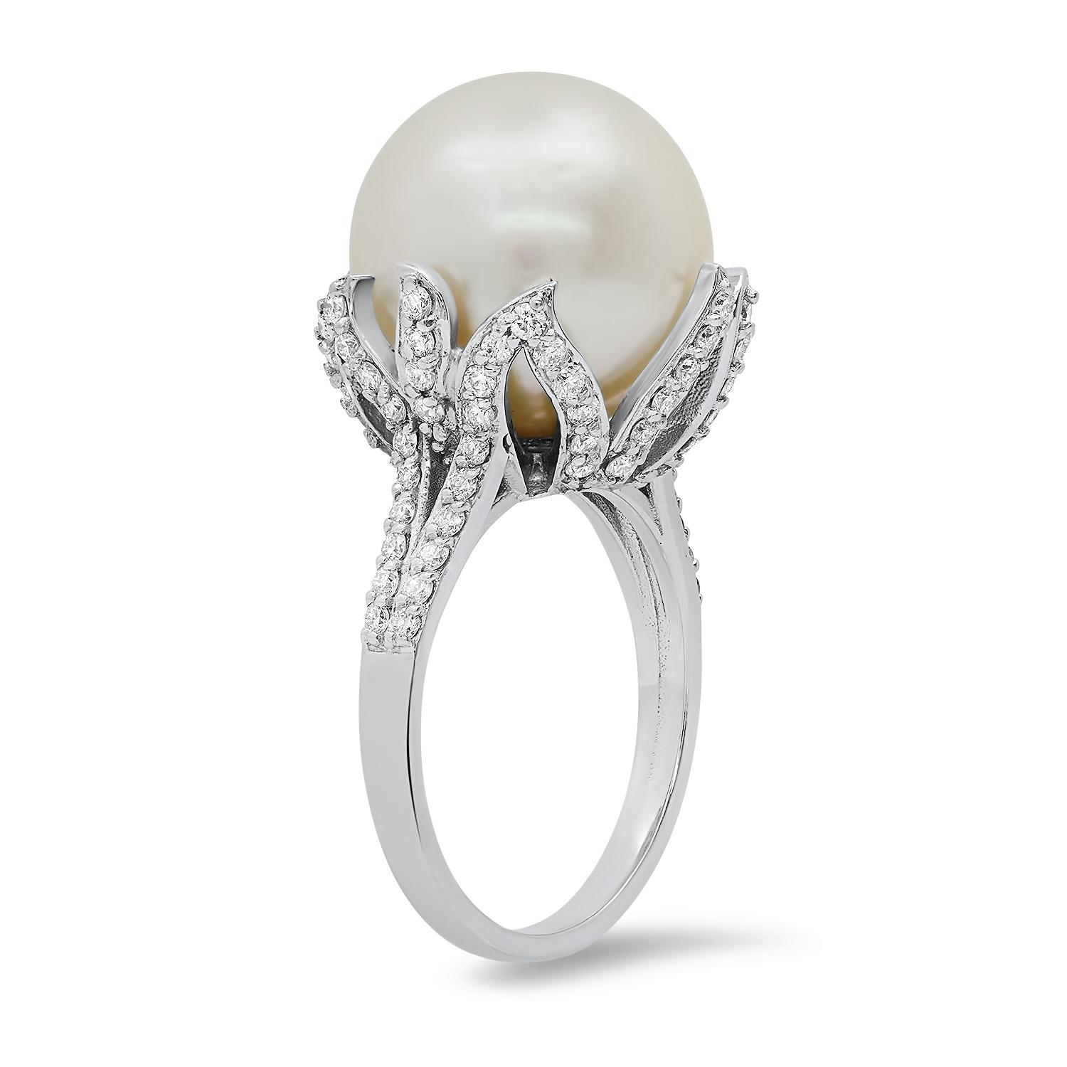 14K White Gold Setting with 14mm South Sea Pearl and 0.93ct Diamond Ladies Ring