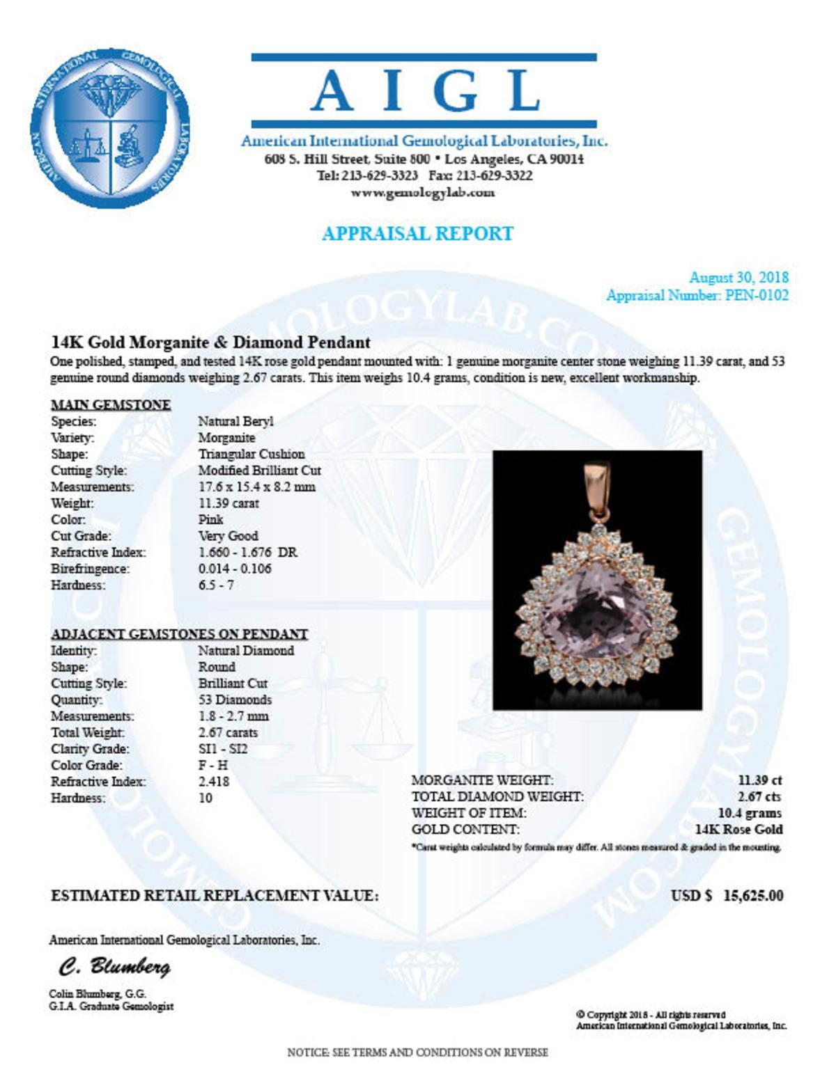 14K Gold 11.31ct Morganite 2.67ct Diamond Pendant