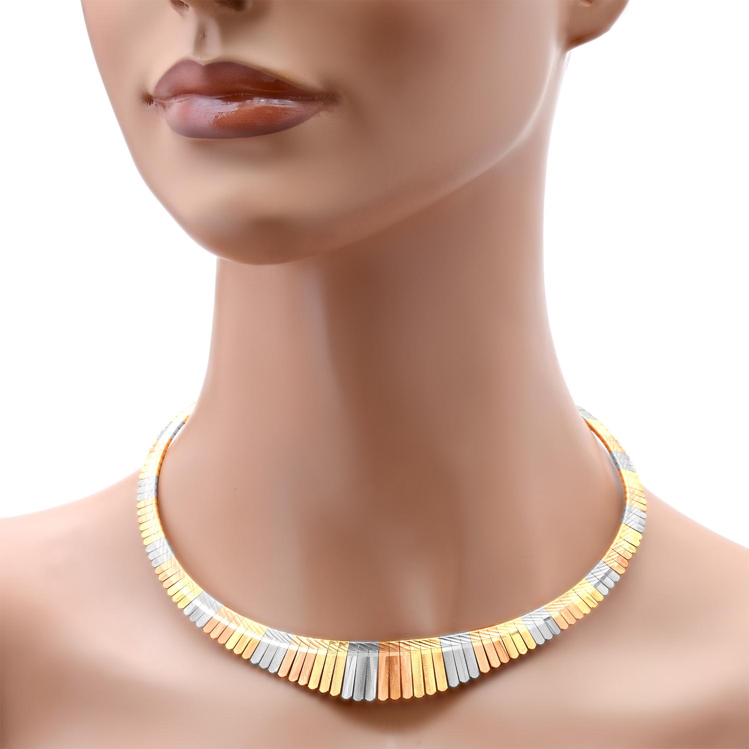 18K Yellow, White and Rose Gold Etched Flat Link Necklace