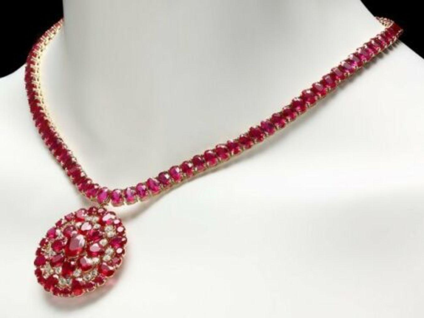 14K Yellow Gold 94.35ct Ruby and 1.20ct Diamond Necklace