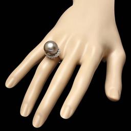 14K White Gold 14mm Tahitian Pearl and 0.54ct Diamond Ring