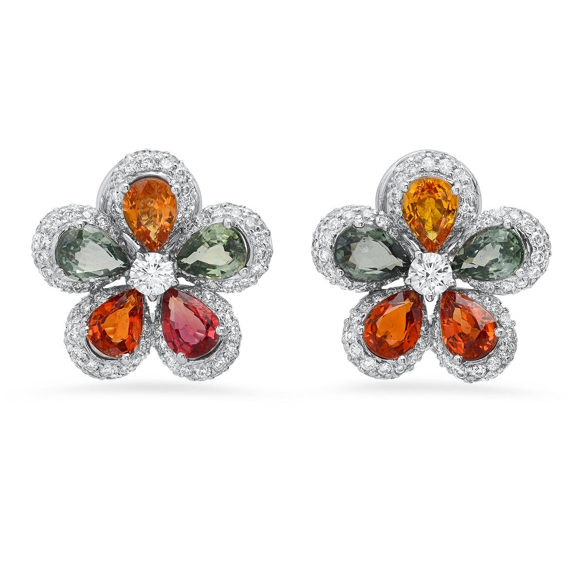 14K White Gold 9.08ct Multi-Colored Sapphire and 2.49ct Diamond Earrings