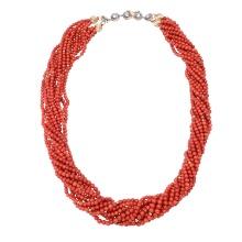 Twelve Strand 4mm Coral Beaded Necklace with 14K Gold Clasp
