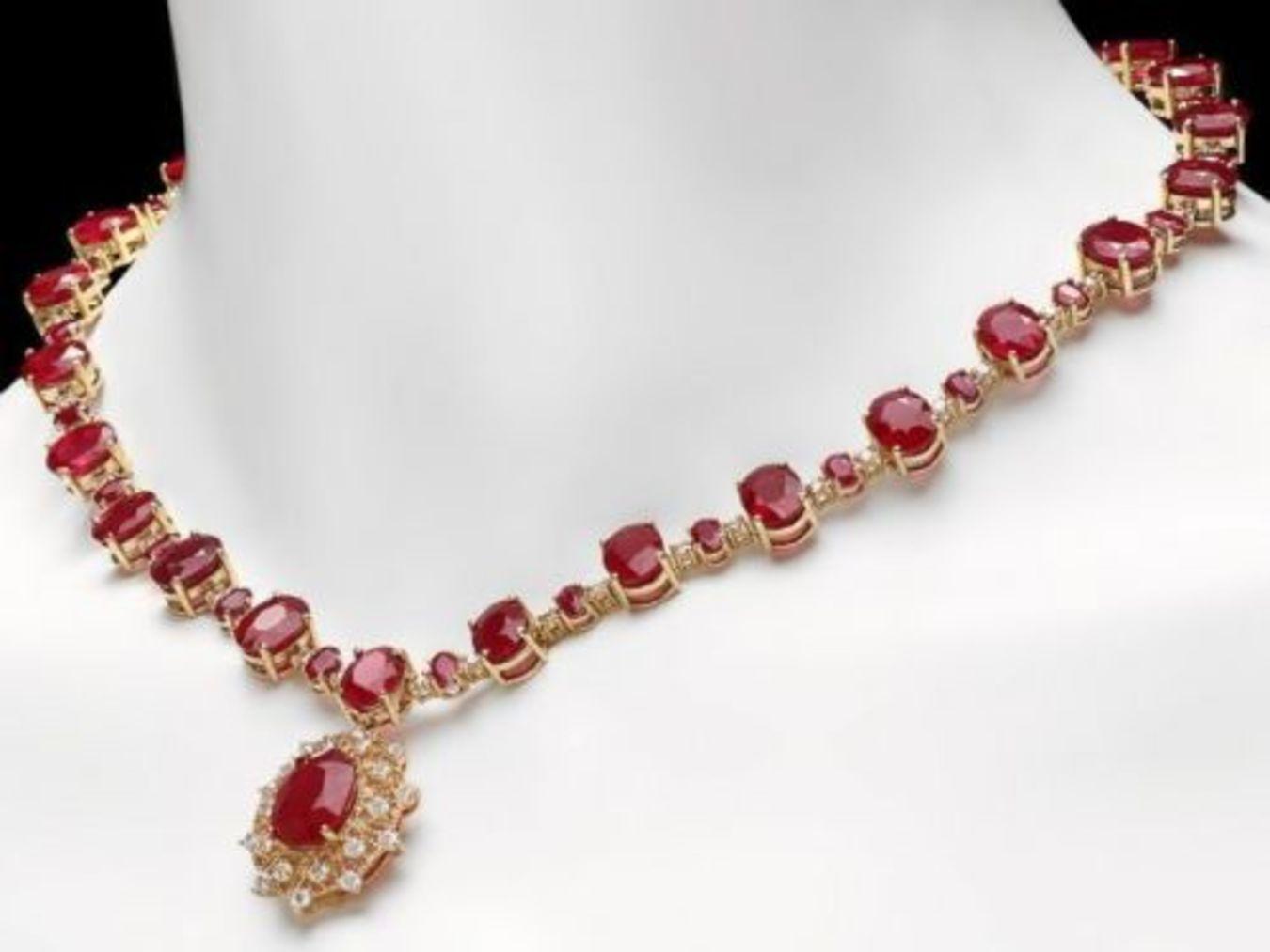 14K Yellow Gold 81.80ct Ruby and 2.85ct Diamond Necklace