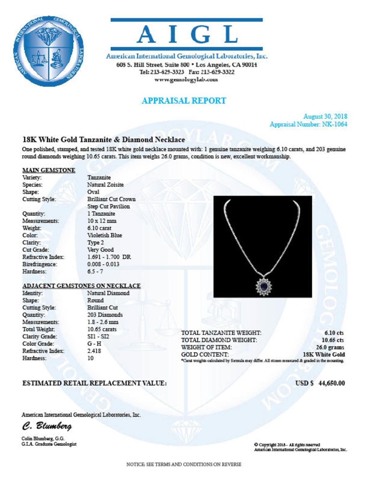 18K White Gold 6.10ct Tanzanite 10.65ct Diamond Necklace