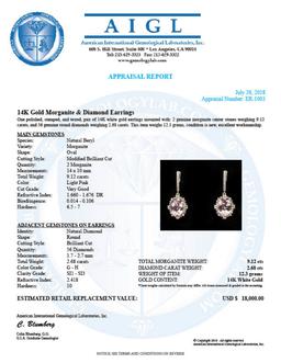 14K Gold 9.12ct Morganite 2.62ct Diamond Earrings