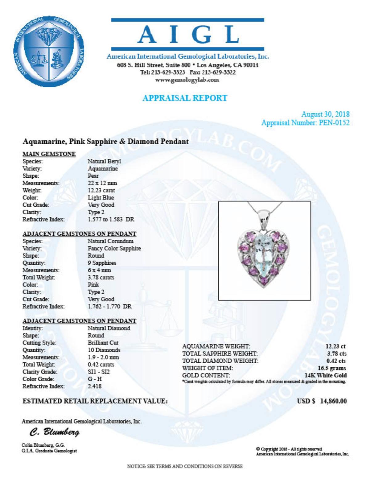 14K Gold 12.23ct Aquamarine 3.78ct Sapphire 0.42ct Diamond Pendant