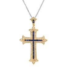 14K Yellow Gold Setting with Platinum Chain and 2.39ct Sapphire and 1.42ct Diamond Cross Pendant
