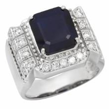 14K White Gold 5.75ct Sapphire and 1.01ct Diamond Mens Ring