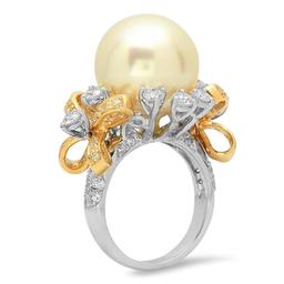 14K White and Yellow Gold 15mm South Sea Pearl and 2.4ct Diamond Ring