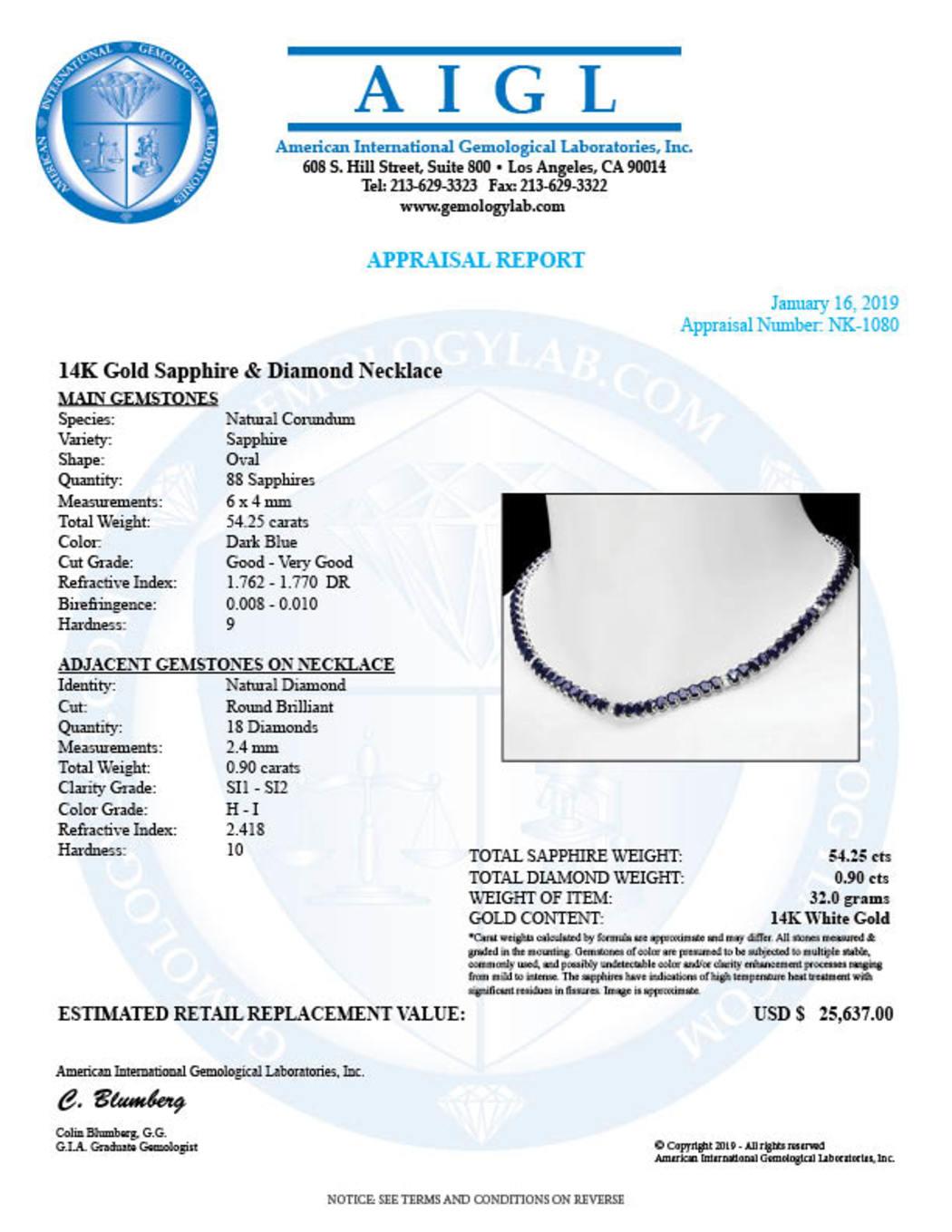 14K White Gold 54.25ct Sapphire and 0.90ct Diamond Necklace