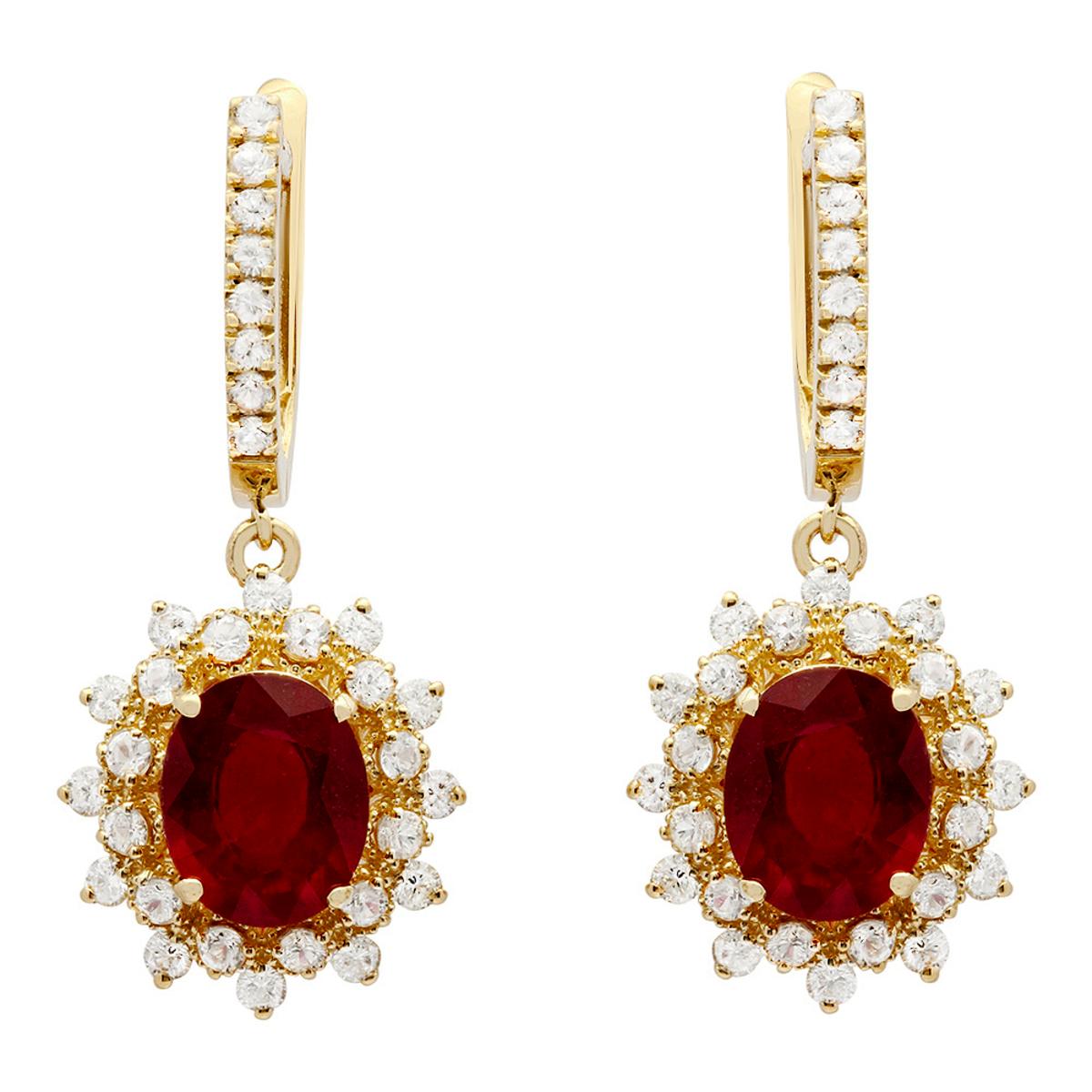 14k Yellow Gold 6.80ct Ruby & 1.35ct Sapphire 0.77ct Diamond Earrings