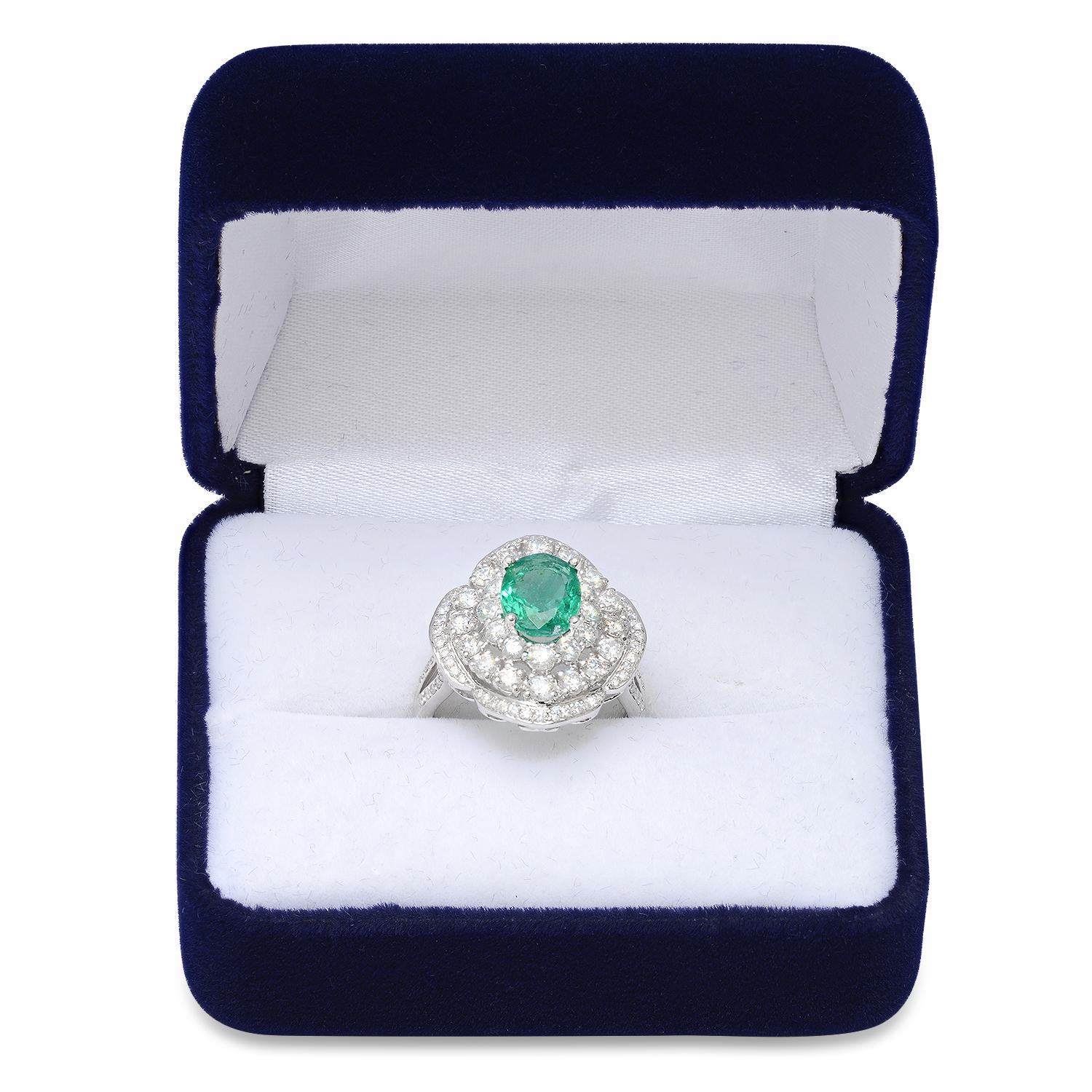 14K White Gold Setting with 1.31ct Emerald and 1.80ct Diamond Ladies Ring