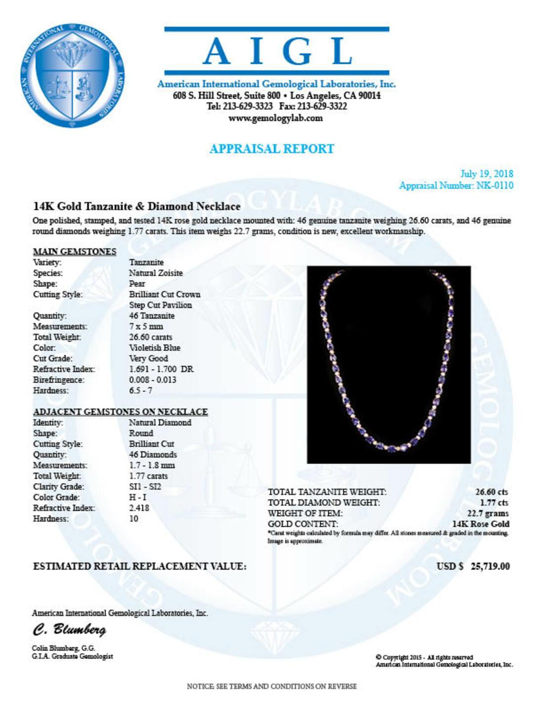 14k Gold 26.60ct Tanzanite 1.77ct Diamond Necklace